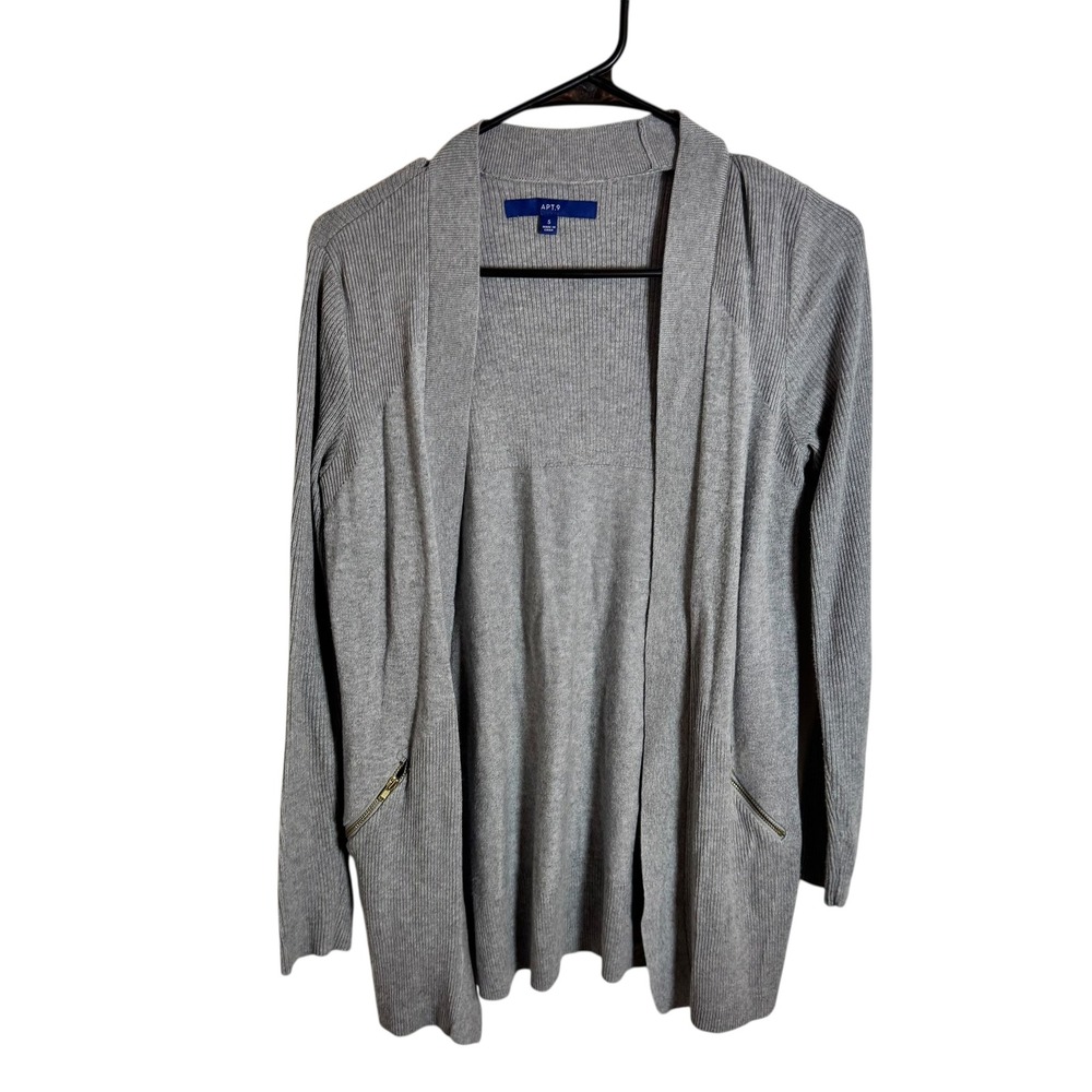 APT‎ 9 Womens Cardigan Sweater Gray Ribbed Knit Open Front Gold Zip Pockets   S